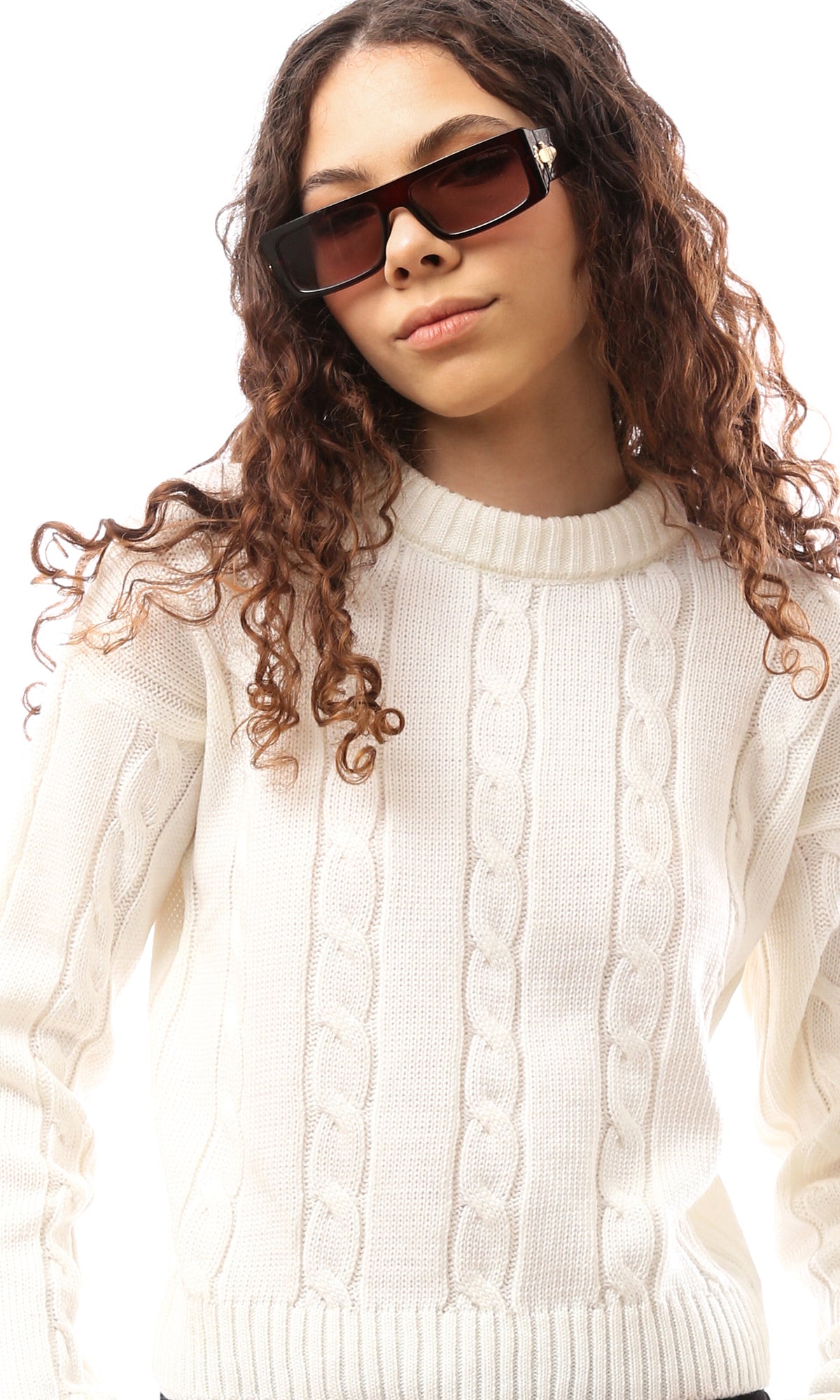 O169345 Round Neck Knitted Off-White Plain Pullover