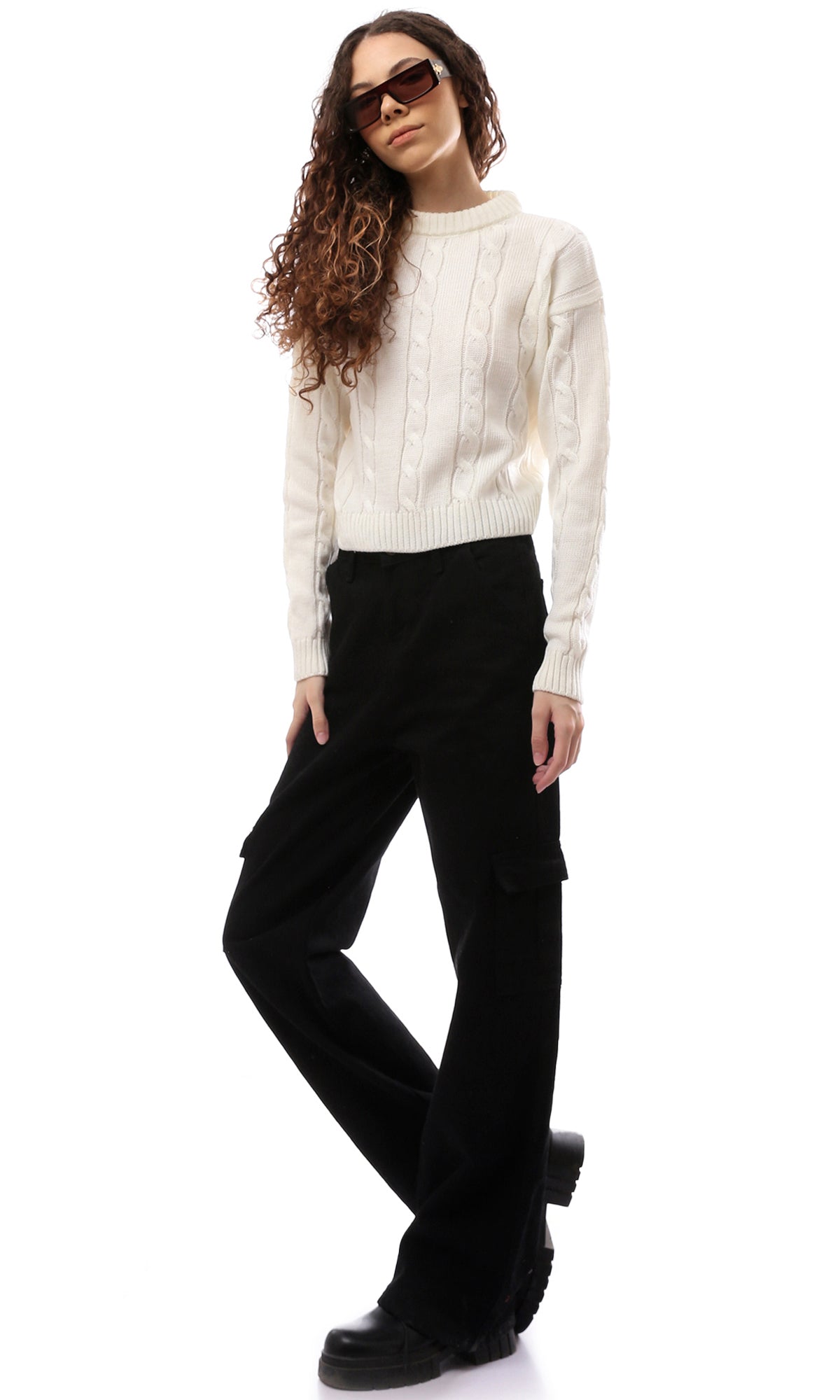 O169345 Round Neck Knitted Off-White Plain Pullover