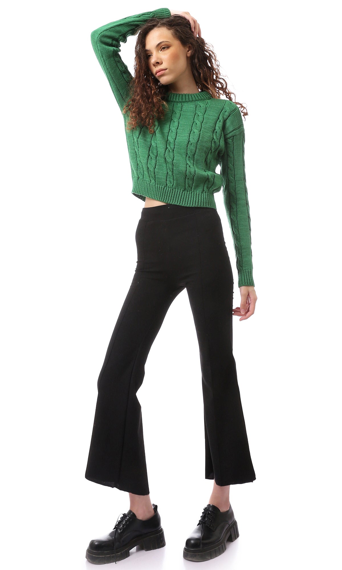 O169347 Knitted Slip On Round Neck Green Pullover