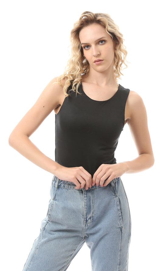 O169392 Cotton Black Sleeveless Solid Top