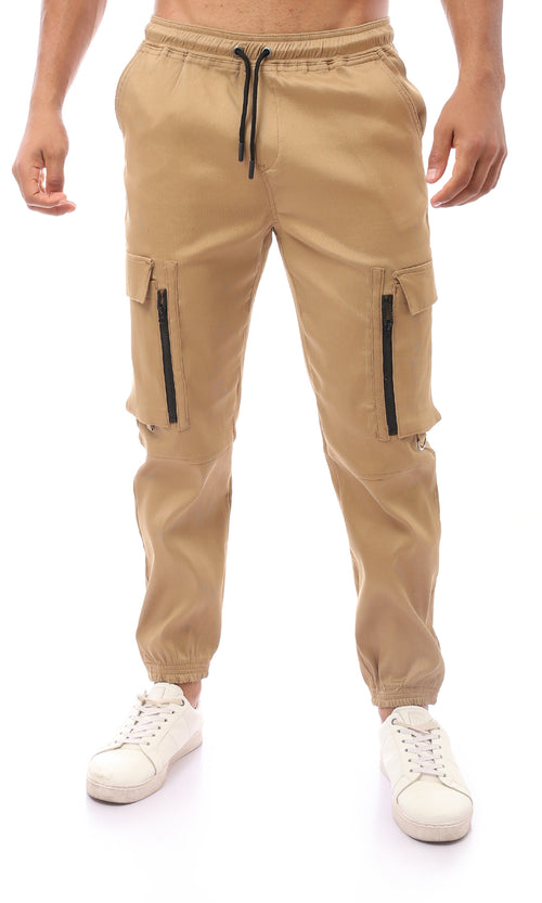 O169753 Beige Slip On Comfy Trousers With Hem