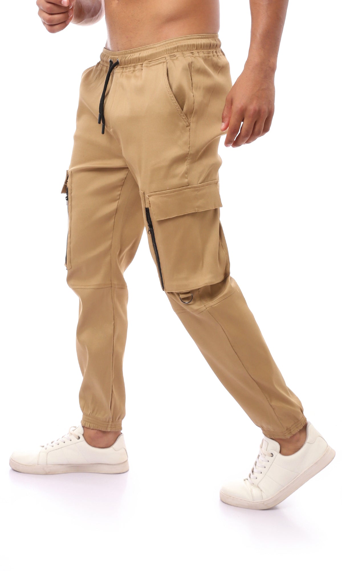 O169753 Beige Slip On Comfy Trousers With Hem