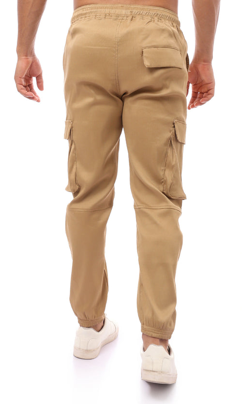 O169753 Beige Slip On Comfy Trousers With Hem