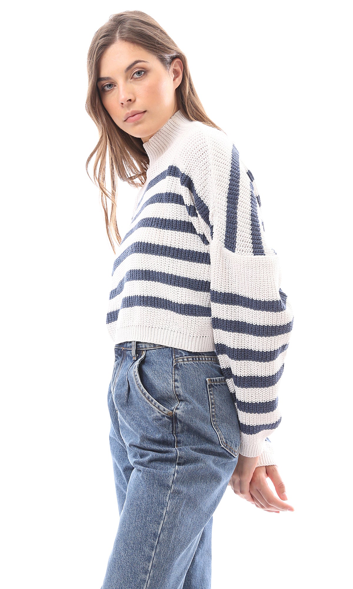 O169841 Chunky Knit With Stripes Navy Blue & Off-White Pullover