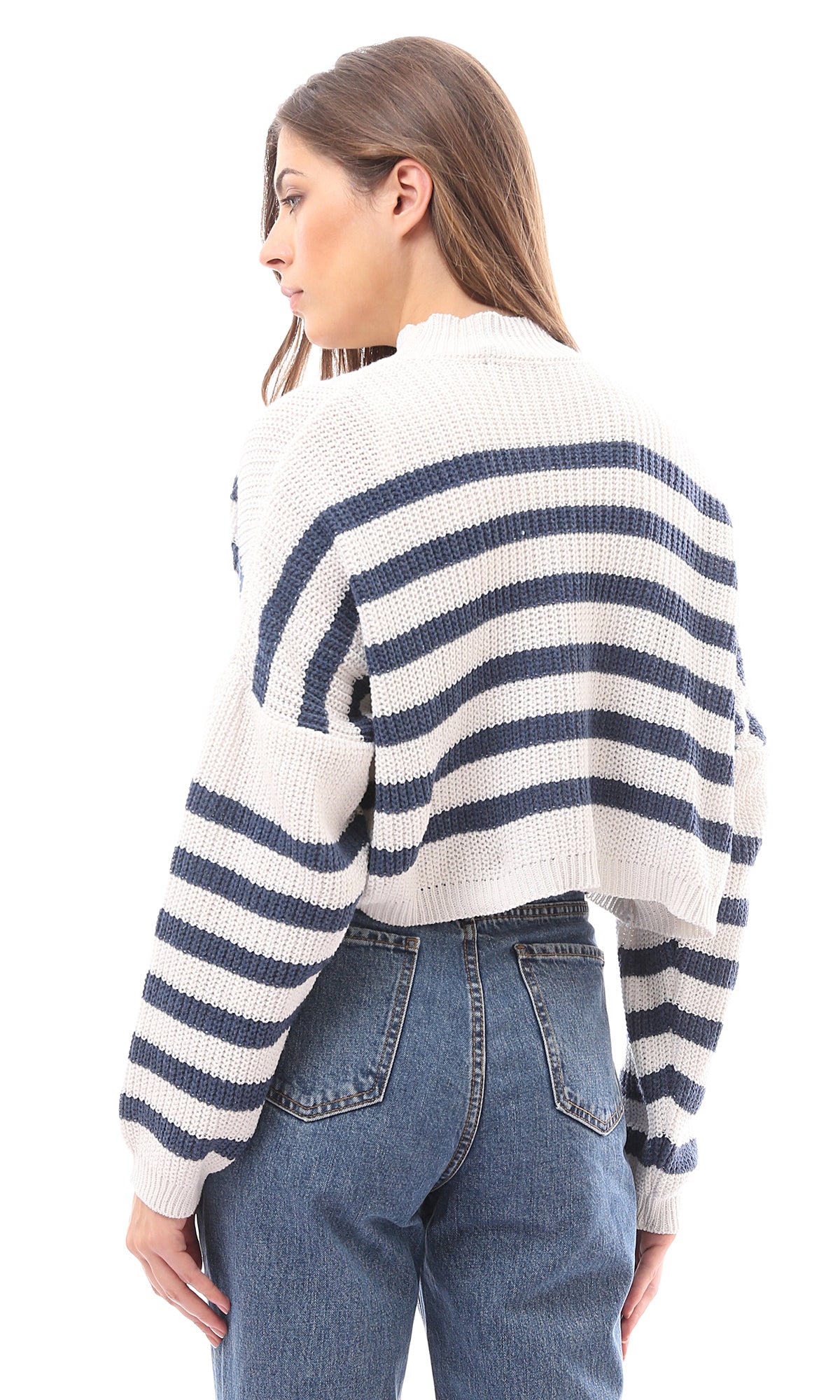 O169841 Chunky Knit With Stripes Navy Blue & Off-White Pullover