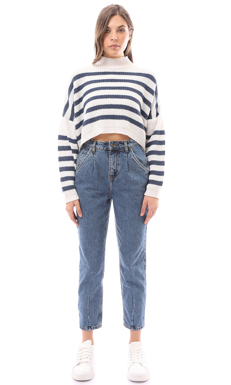 بلوفر قصير مخطط أكريليك بأكمام طويلة