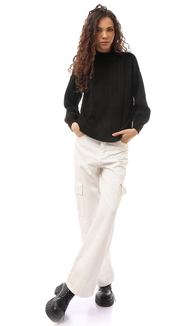 بلوفر أسود أكريليك سهل الارتداء برقبة عالية مطوية