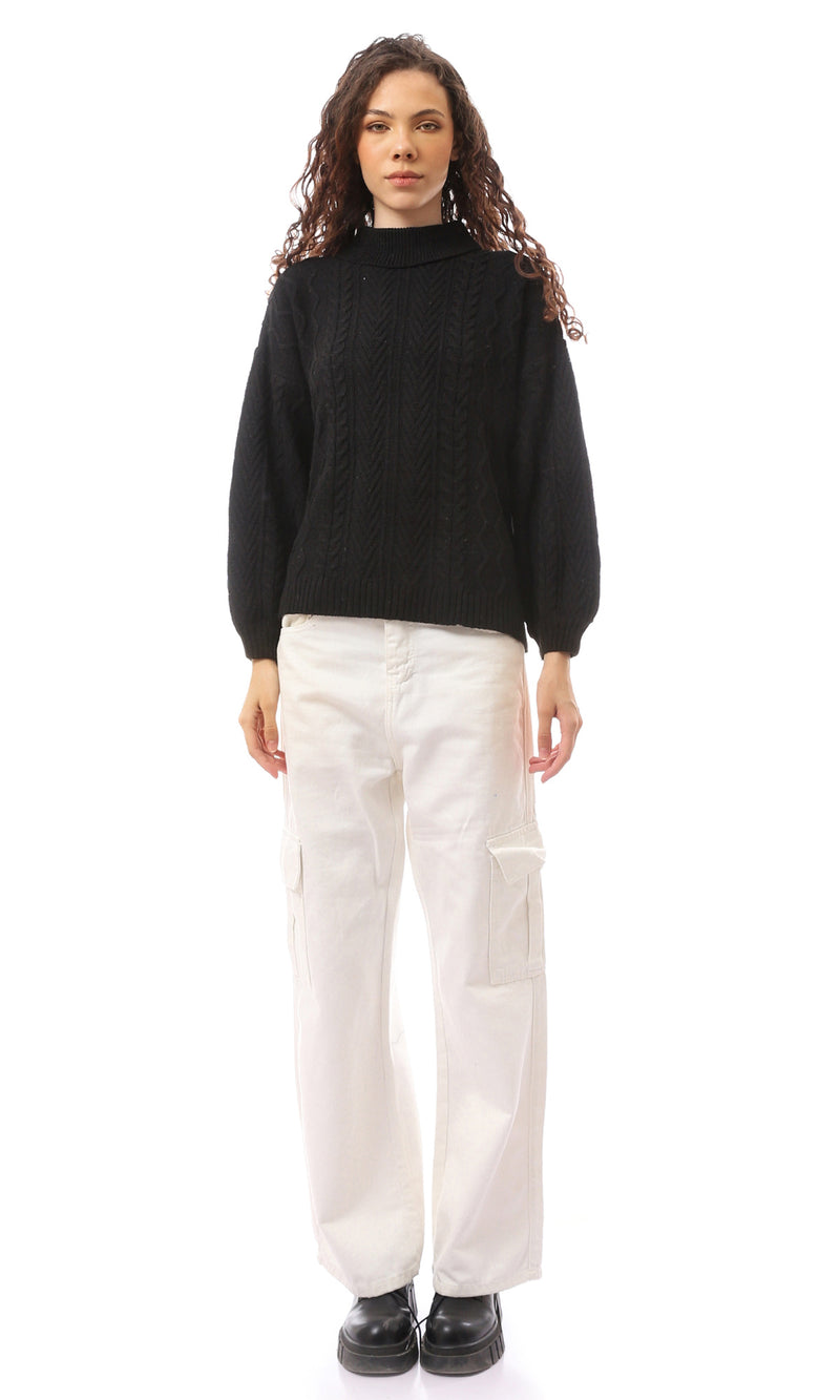 بلوفر أسود أكريليك سهل الارتداء برقبة عالية مطوية