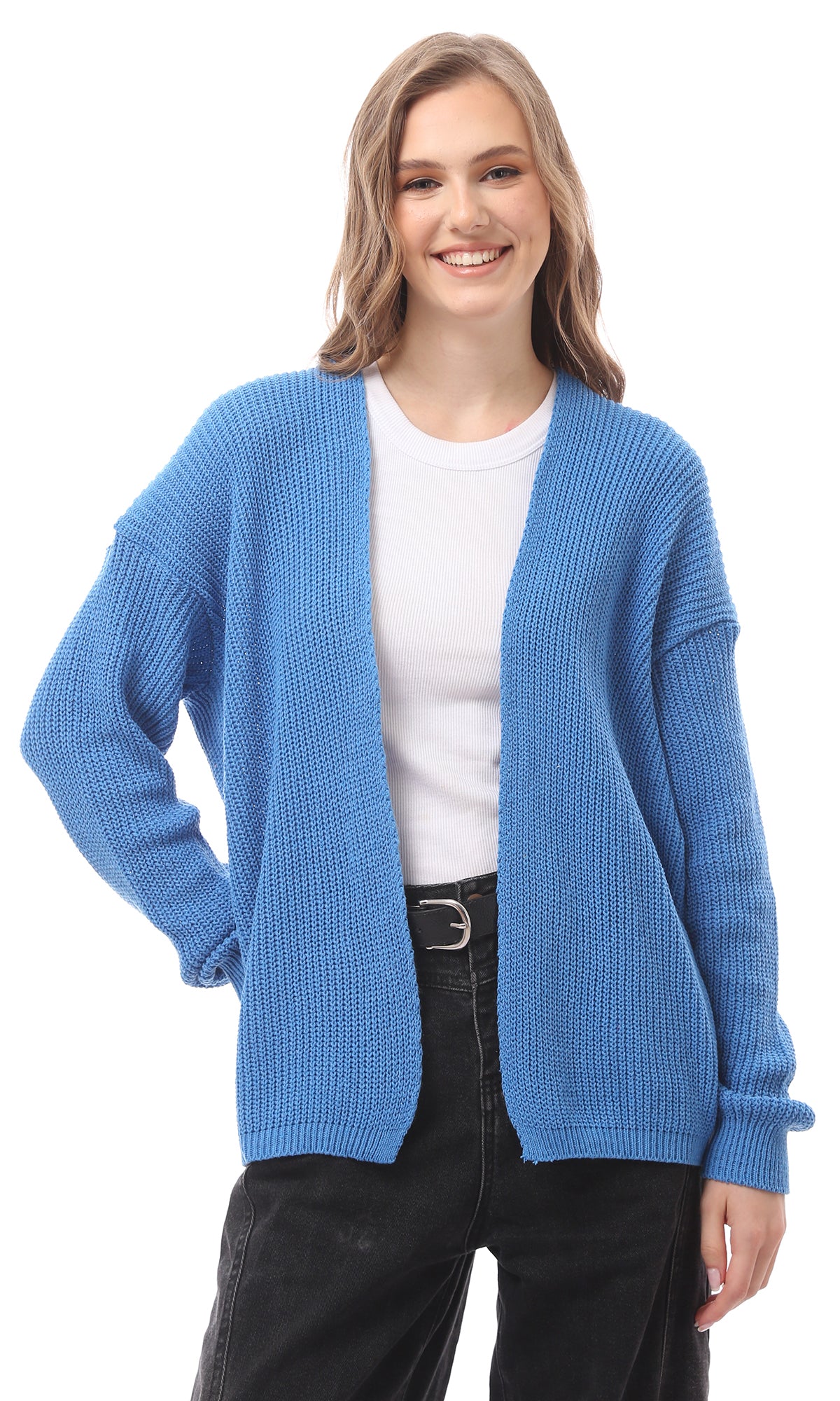 O169869 Slip On Knitted Cornflower Blue Short Cardigan