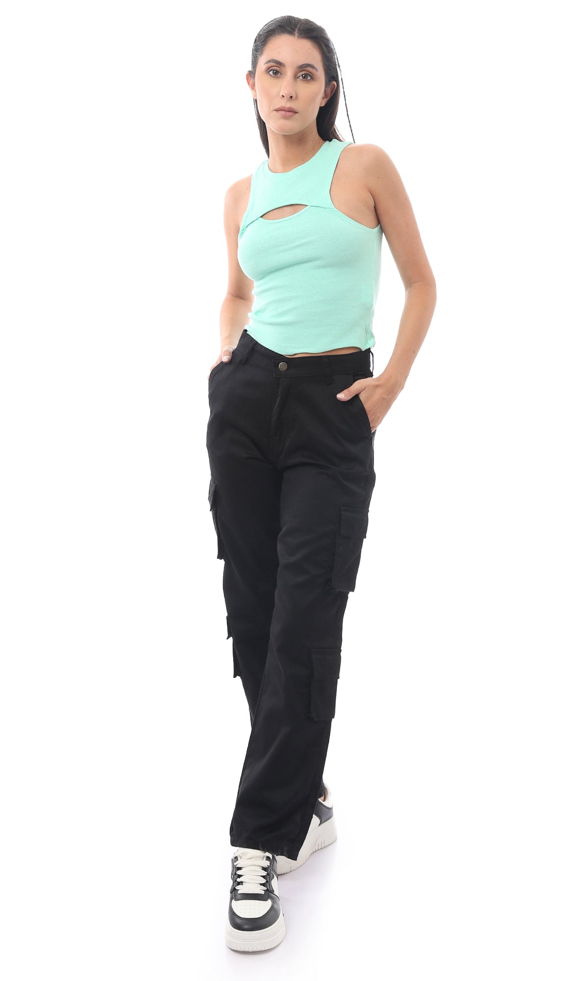 O169942 Cotton Black Buttoned Casual Trousers