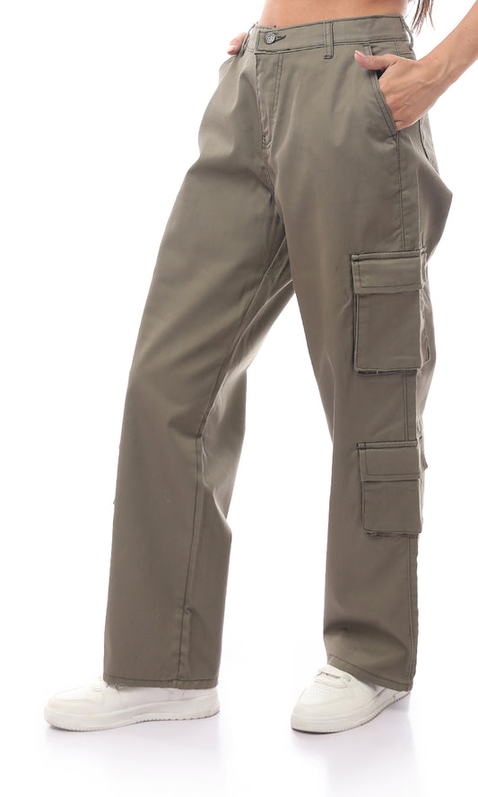O169944 Olive Green Casual Buttoned Trousers