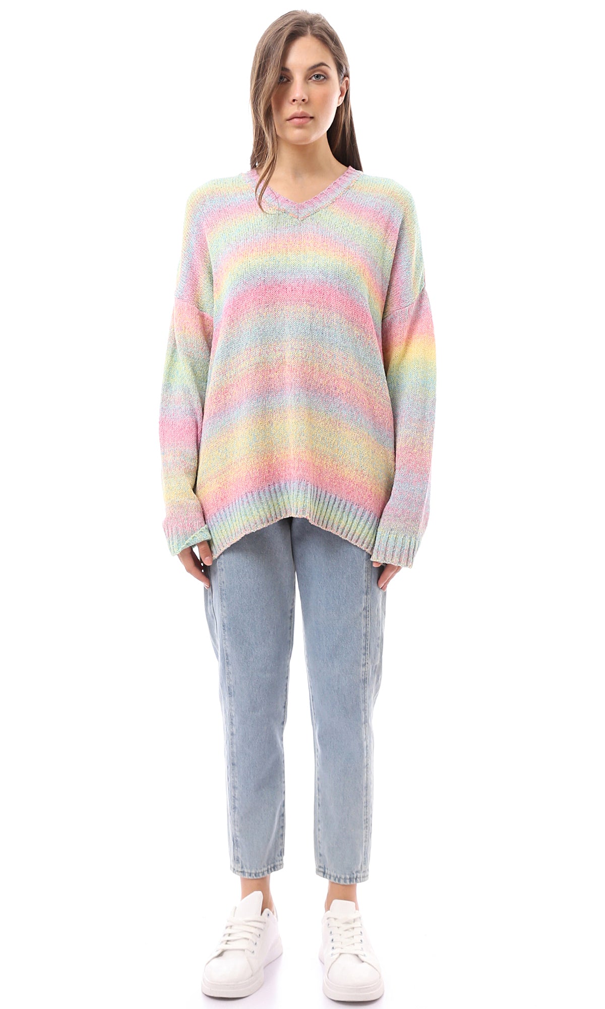 O169972 Colorful V-Neck Relaxed Knitted Pullover