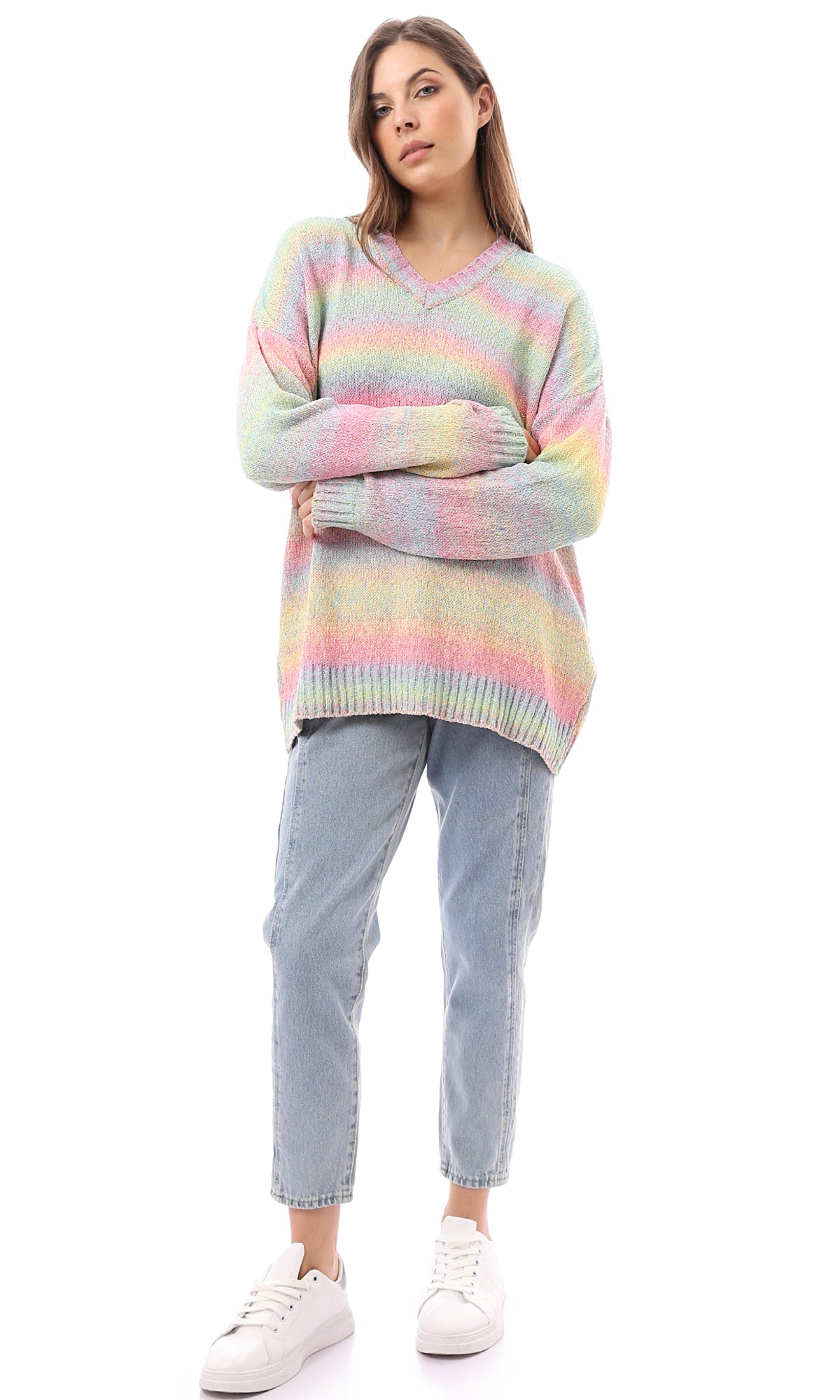 O169972 Colorful V-Neck Relaxed Knitted Pullover