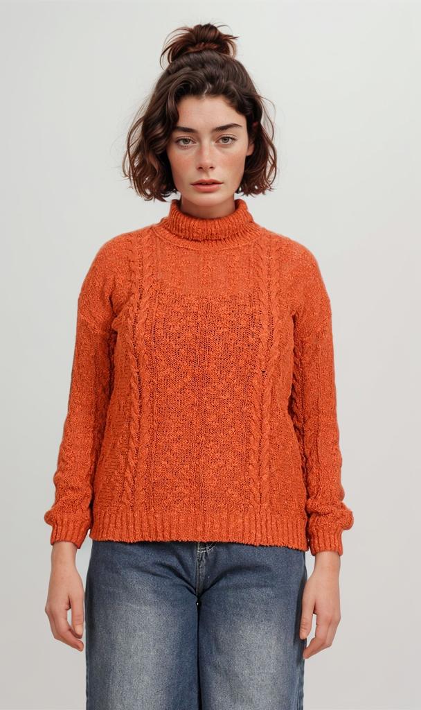 O169973-O169973 - Chunky Knit Mock Neck Sweater - Orange