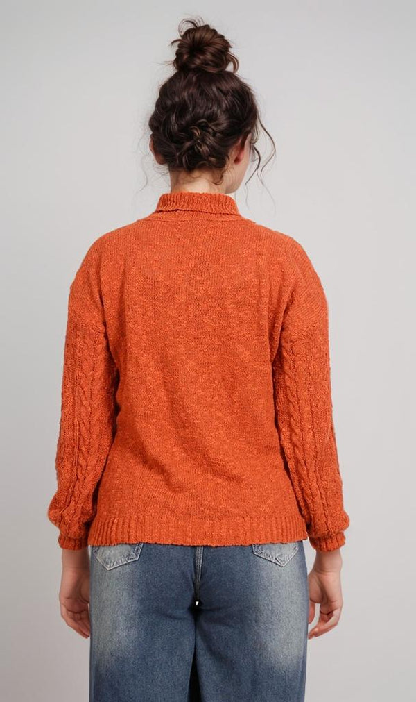 O169973-O169973 - Chunky Knit Mock Neck Sweater - Orange