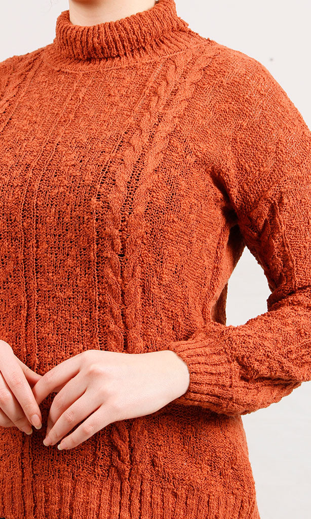 O169973-O169973 - Chunky Knit Mock Neck Sweater - Orange