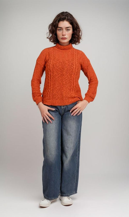 O169973-O169973 - Chunky Knit Mock Neck Sweater - Orange