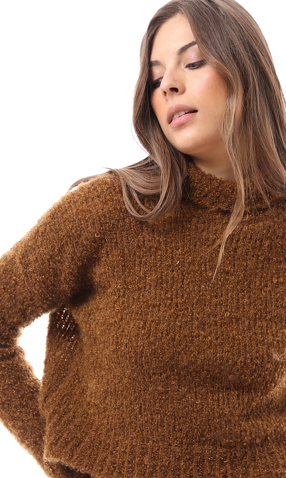 O169974 Turtle Neck Dark Camel Soft Knitted Pullover