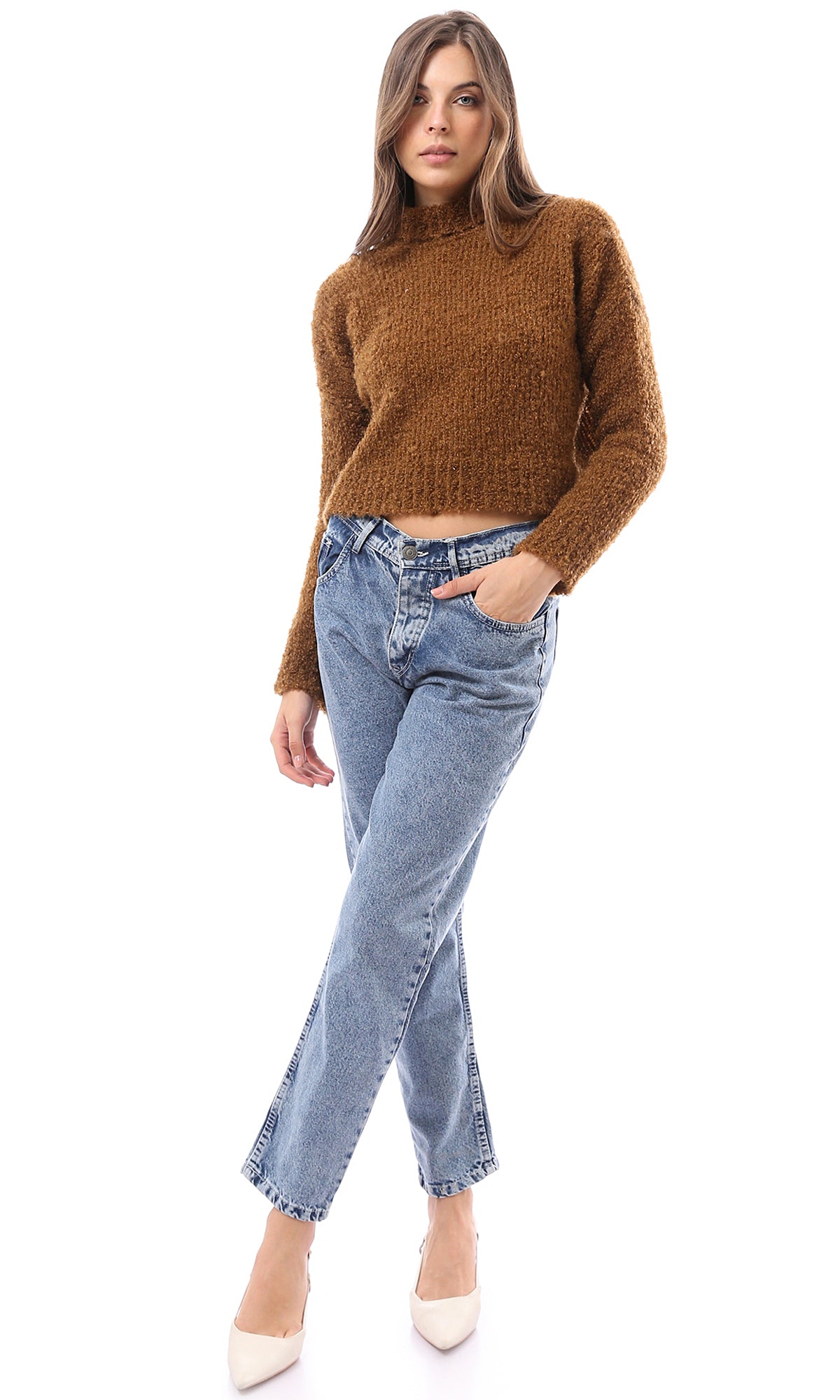 O169974 Turtle Neck Dark Camel Soft Knitted Pullover