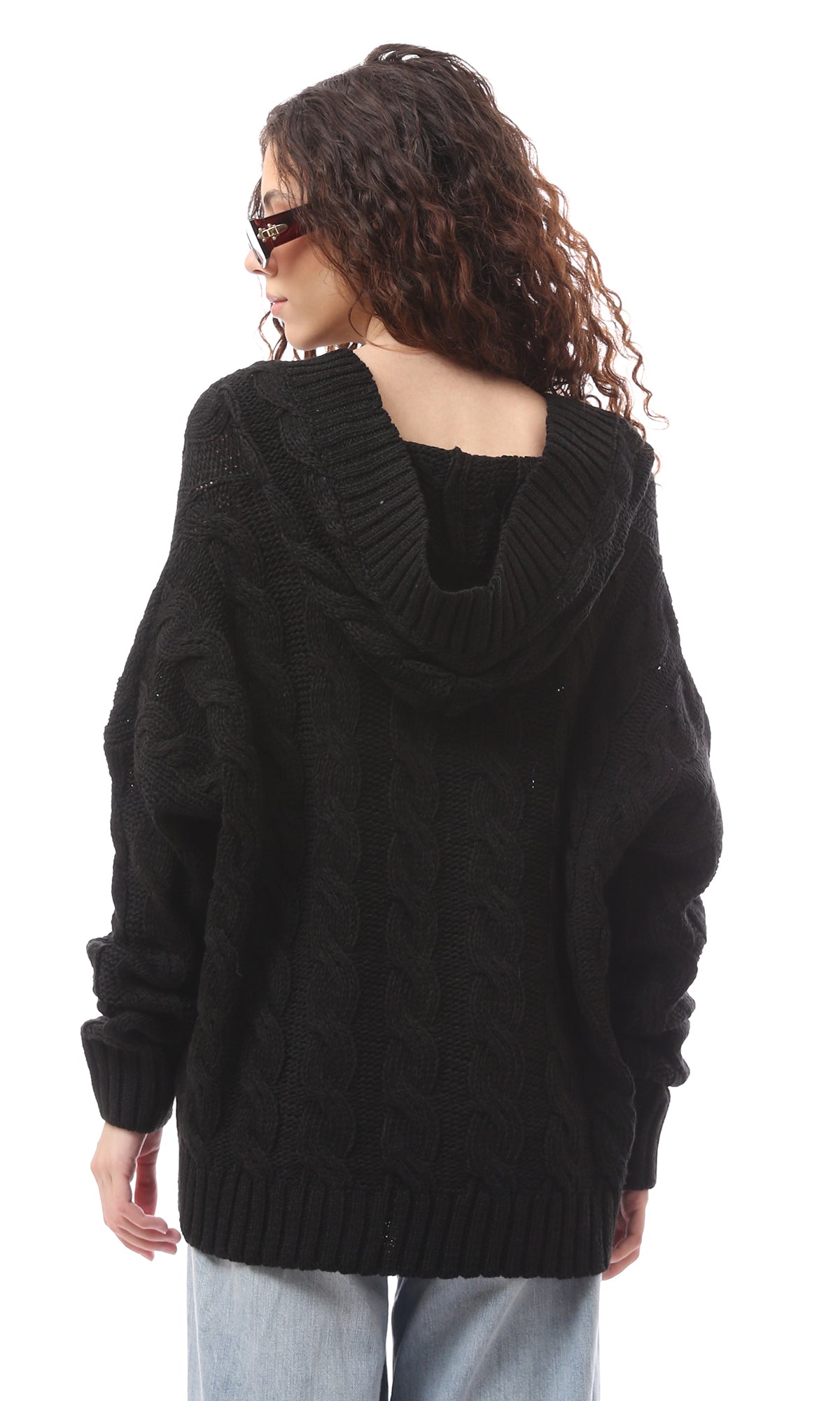 O170086 Knitted Slip On Comfy Black Hoodie