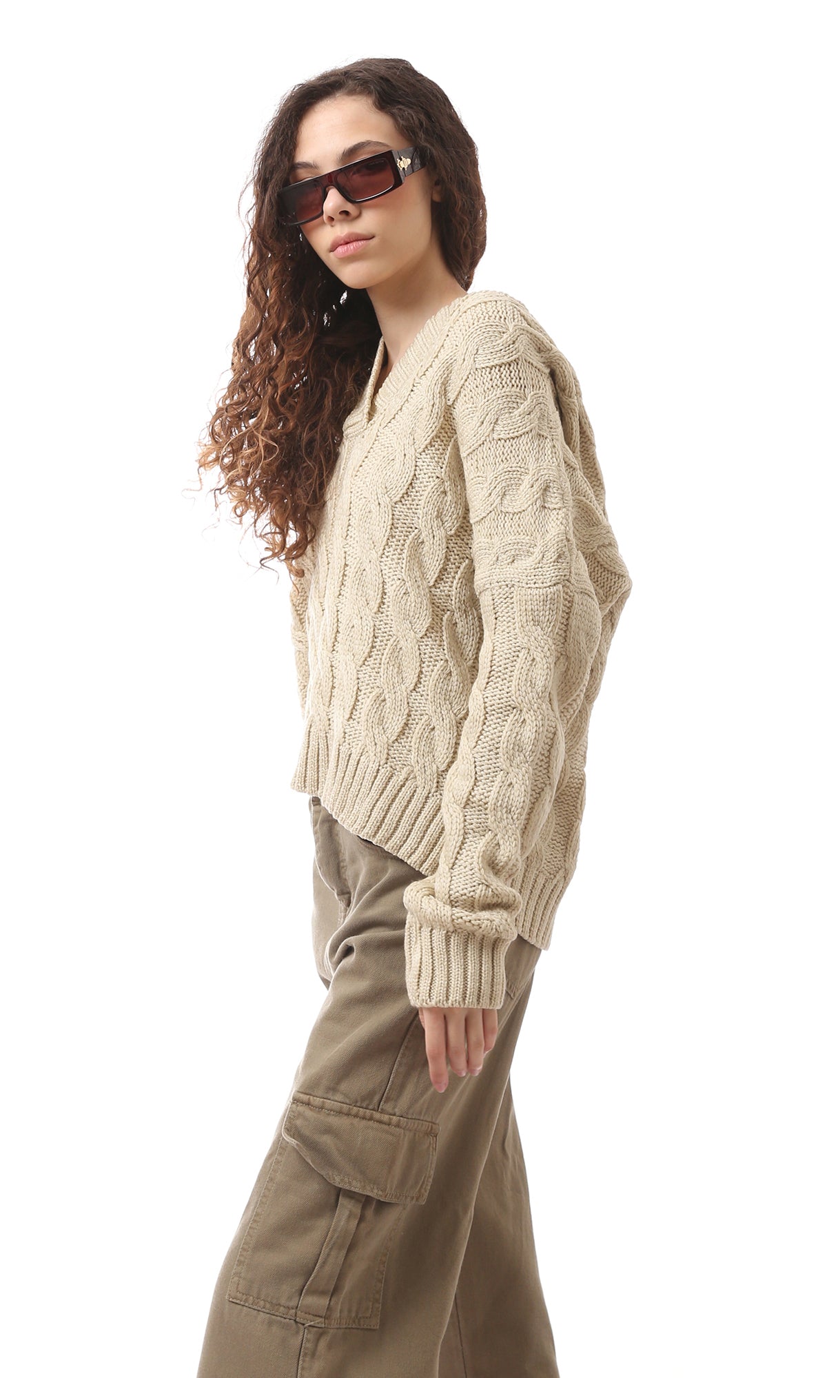 O170087 Beige Cropped Long Sleeve  Hooded Pullover