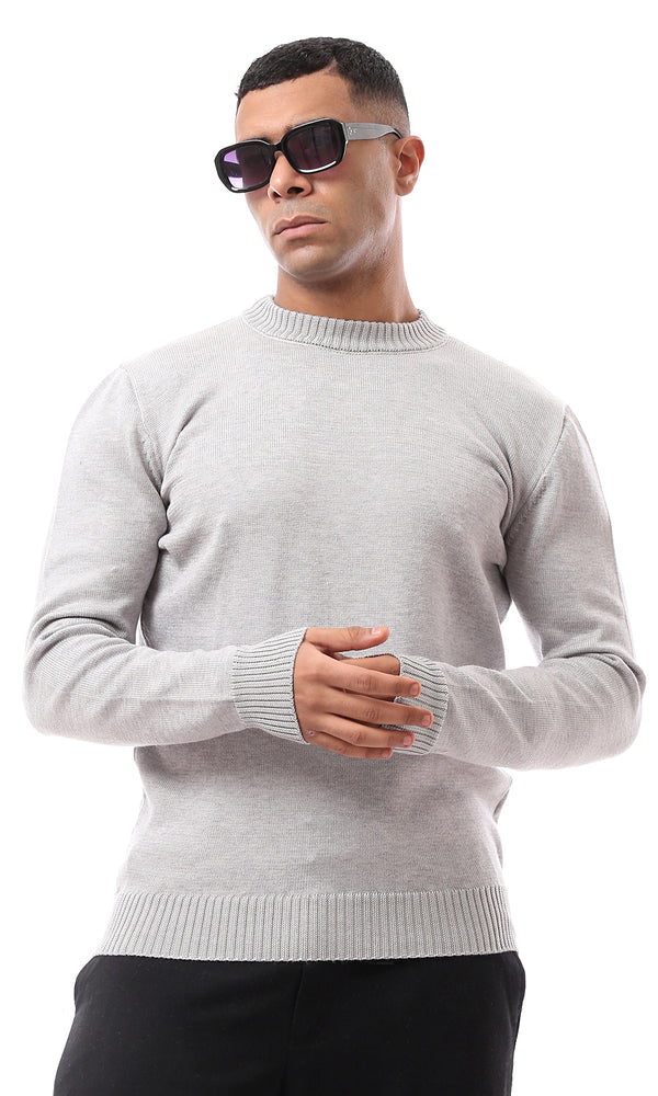 O170216 Grey Ribbed Neck And Cuffs Basic Pullover