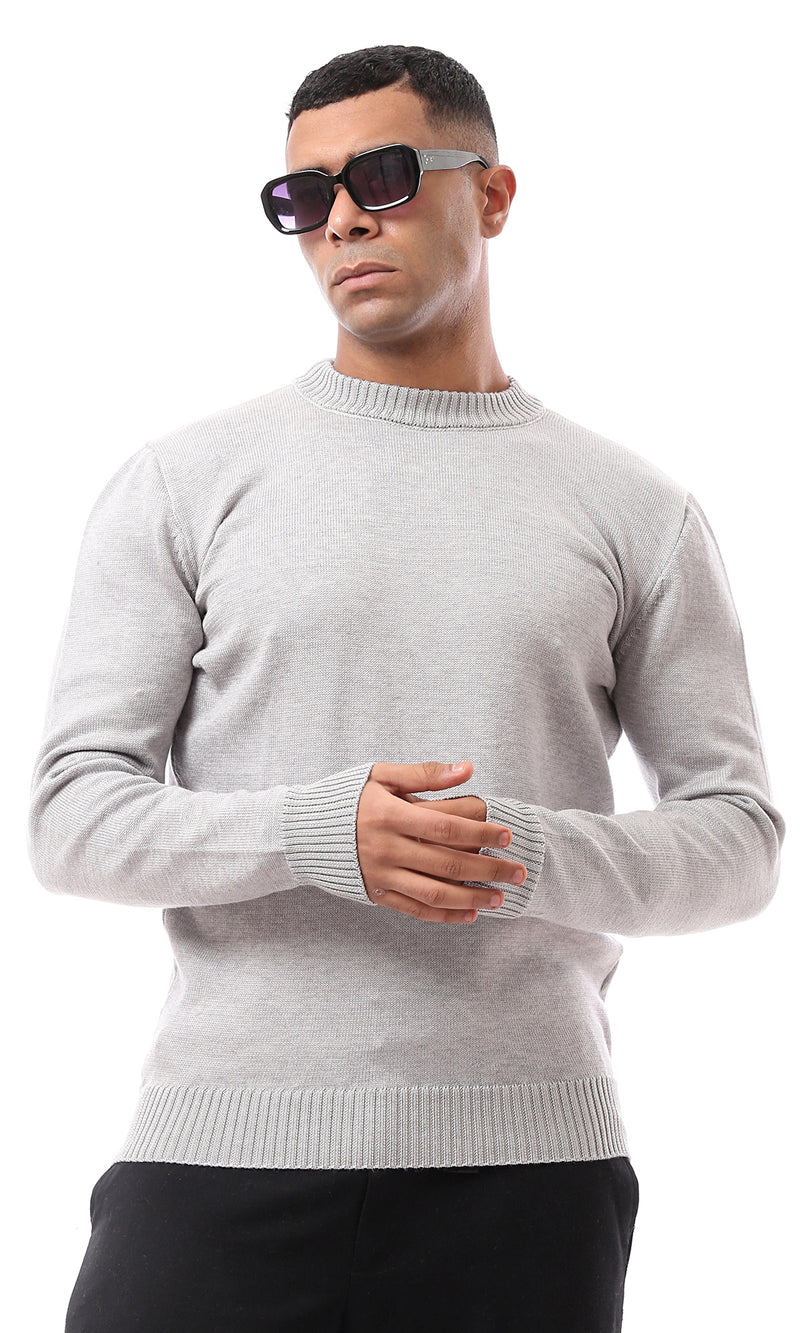 O170216 Grey Ribbed Neck And Cuffs Basic Pullover