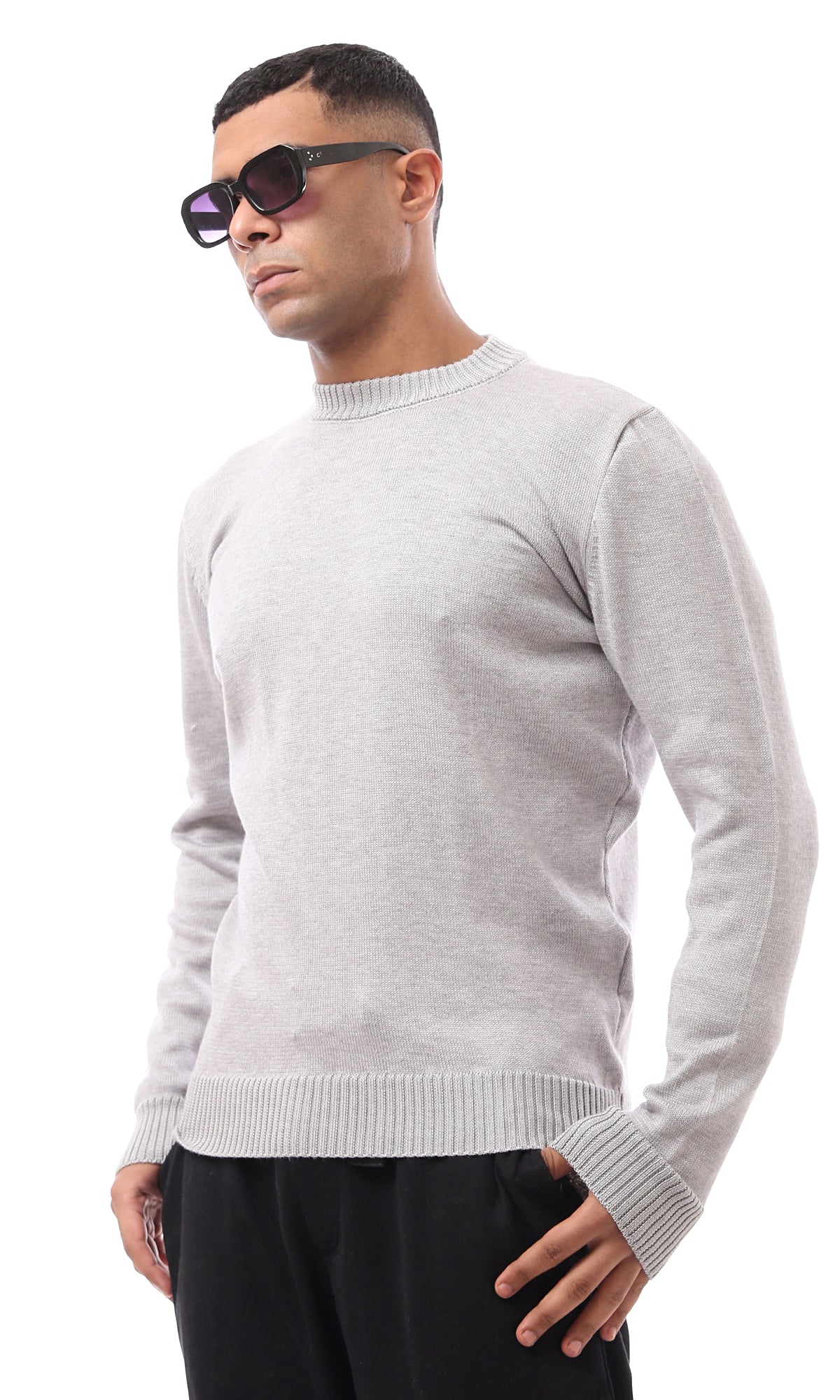 O170216 Grey Ribbed Neck And Cuffs Basic Pullover