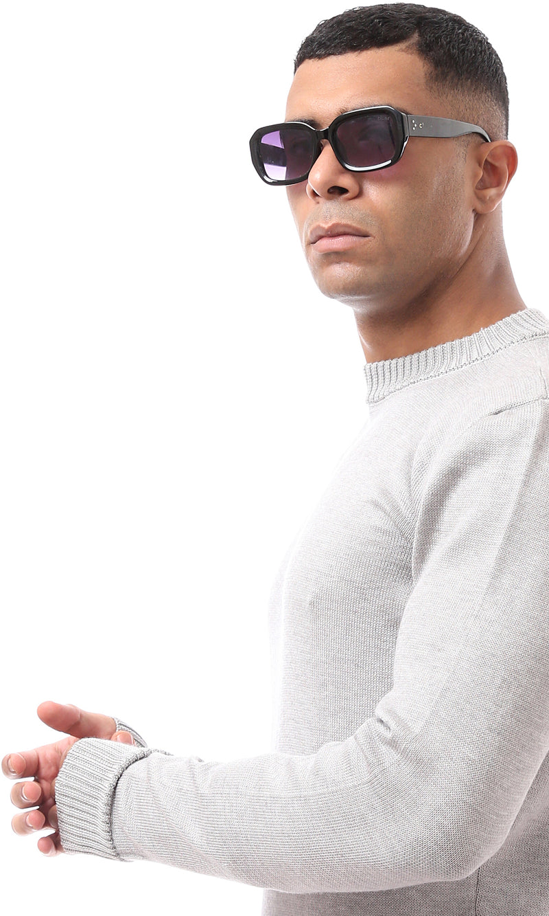 O170216 Grey Ribbed Neck And Cuffs Basic Pullover