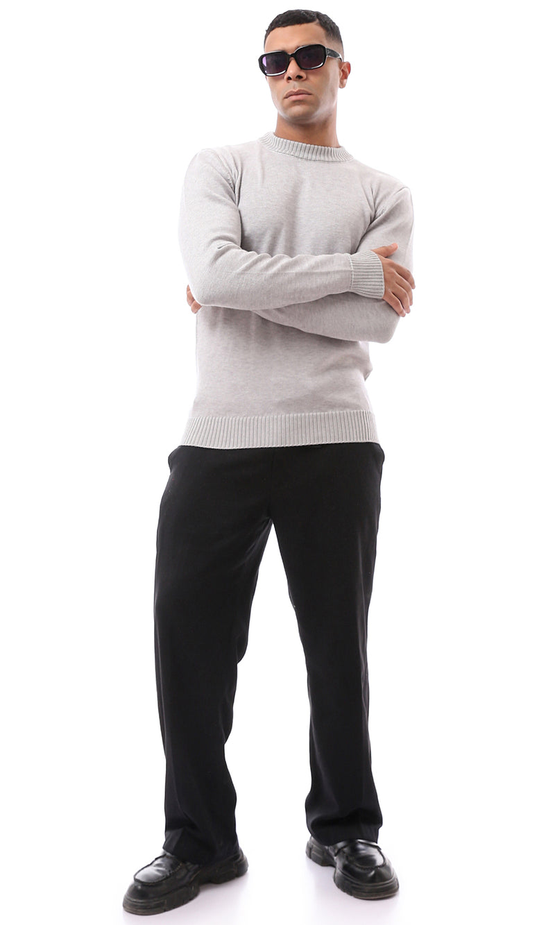 O170216 Grey Ribbed Neck And Cuffs Basic Pullover