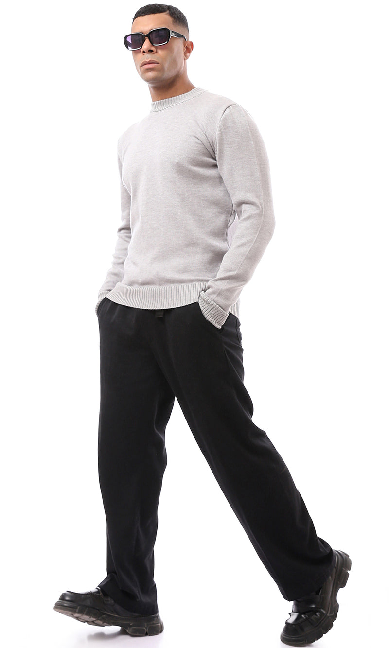 O170216 Grey Ribbed Neck And Cuffs Basic Pullover