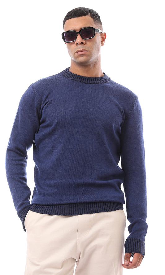 O170218 Long Sleeves Solid Navy Blue Basic Pullover