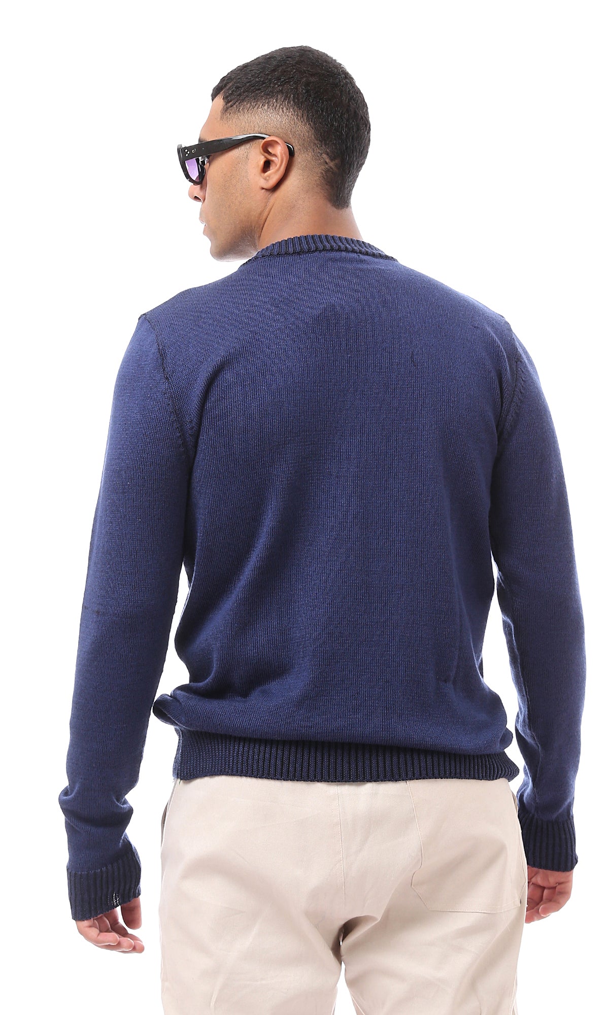 O170218 Long Sleeves Solid Navy Blue Basic Pullover