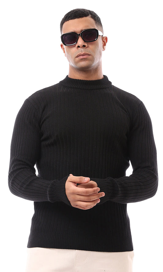 O170220 Long Sleeves Elegant Ribbed Black Pullover