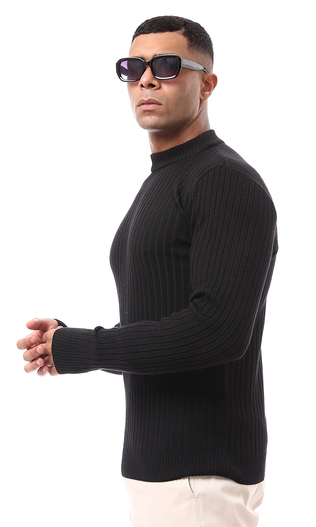 O170220 Long Sleeves Elegant Ribbed Black Pullover