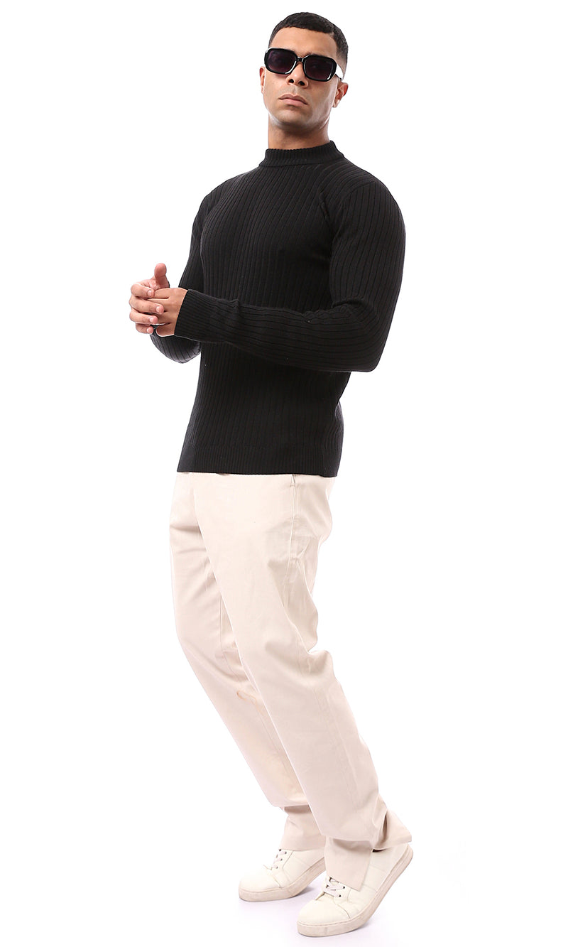 O170220 Long Sleeves Elegant Ribbed Black Pullover