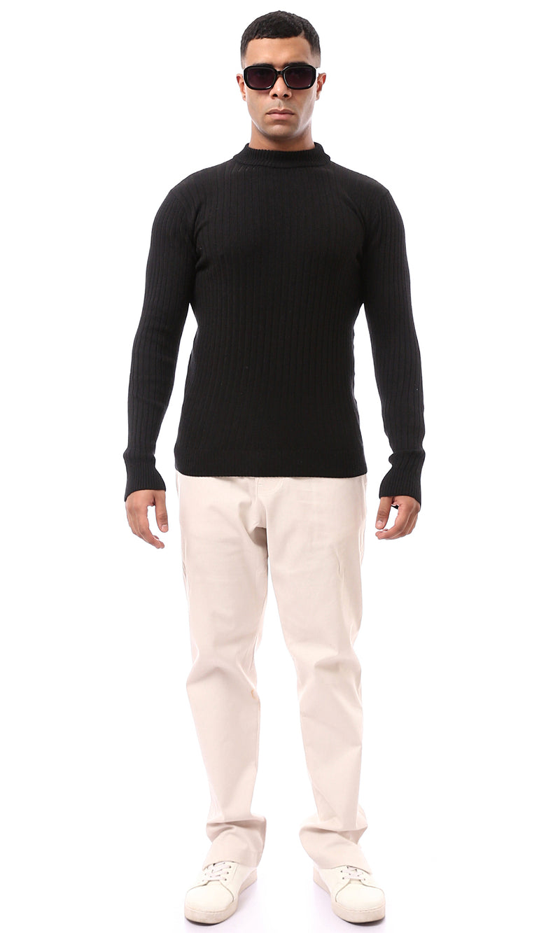 O170220 Long Sleeves Elegant Ribbed Black Pullover
