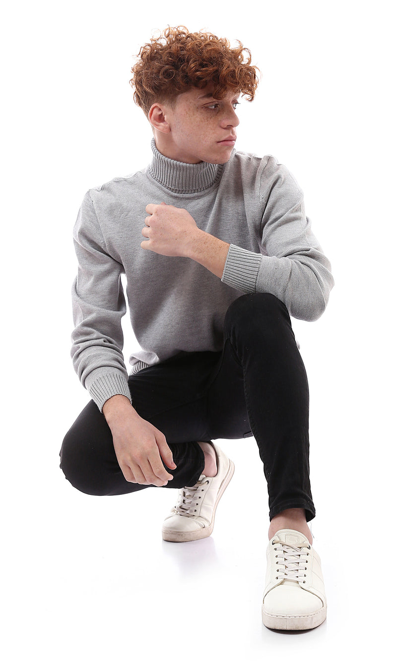 O170226 Ribbed Turtle Neck Grey Basic Pullover
