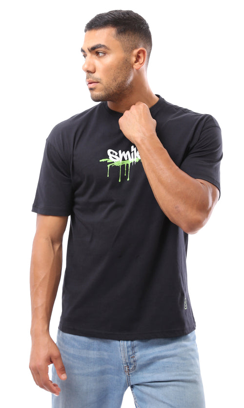 O170295 Short Sleeves Printed "Smile" Black Cotton Tee