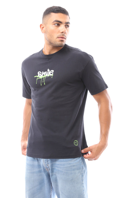 O170295 Short Sleeves Printed "Smile" Black Cotton Tee