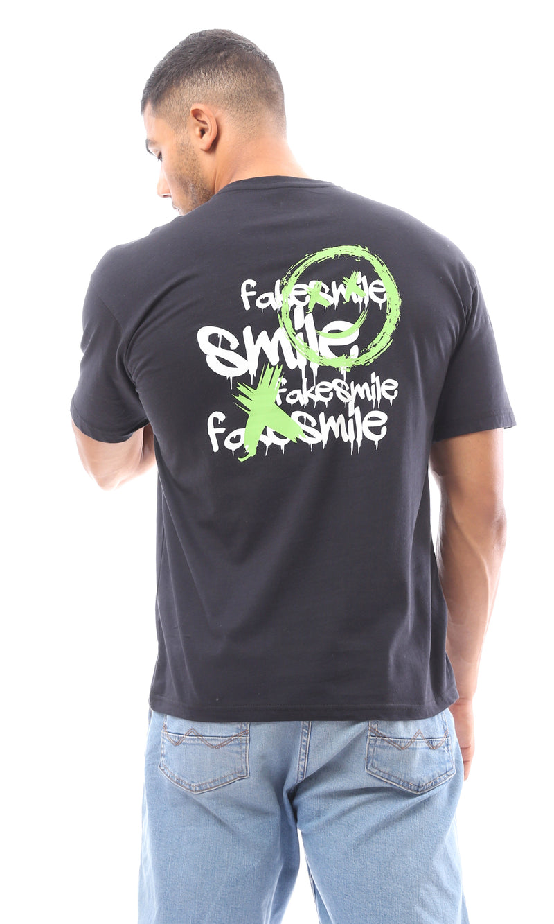 O170295 Short Sleeves Printed "Smile" Black Cotton Tee
