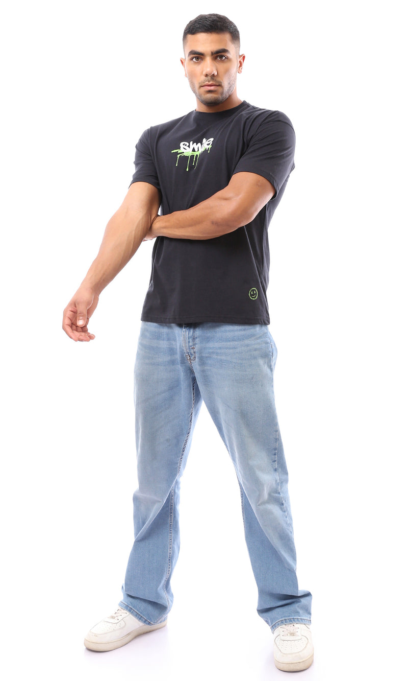 O170295 Short Sleeves Printed "Smile" Black Cotton Tee