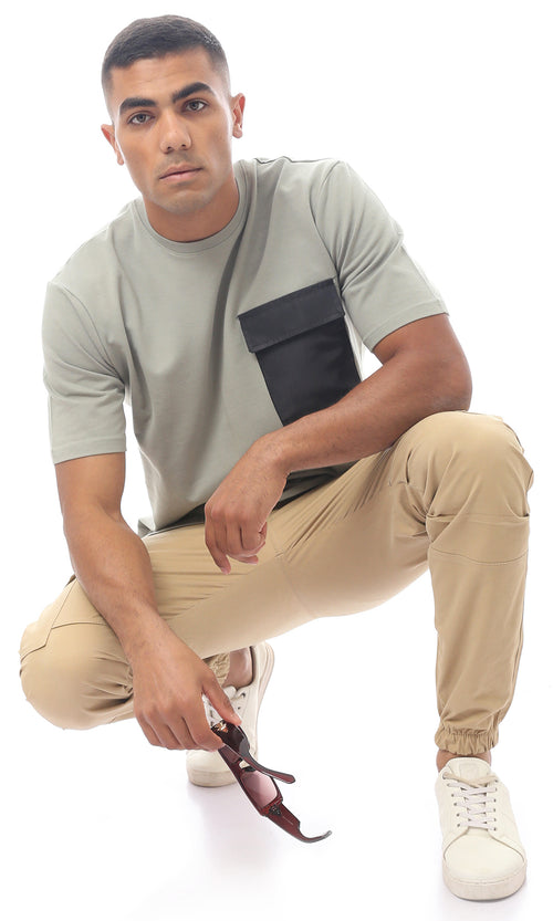 O170297 Olive Green Slip On Rounded Neck Tee