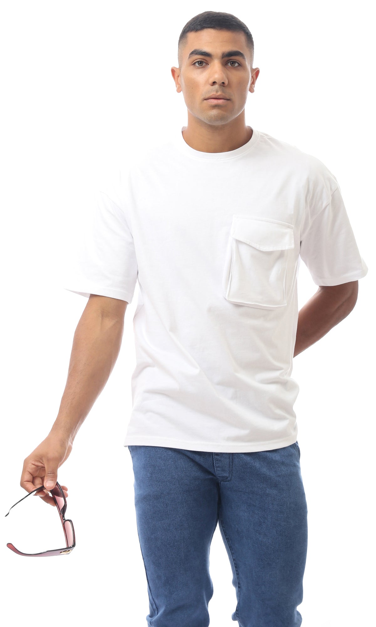 O170306 White Rounded Neck Summer Solid Tee With Pocket