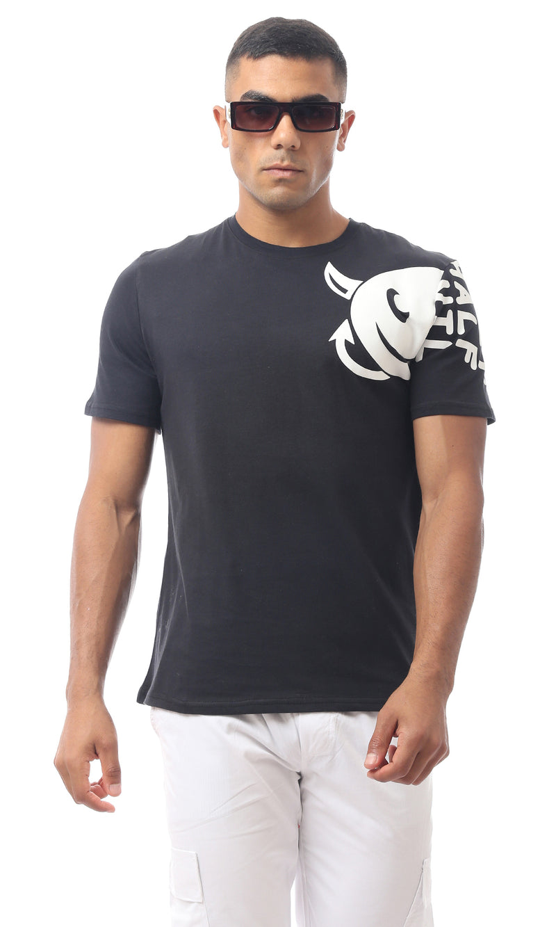 O170312 Black Rounded Neck Printed Tee