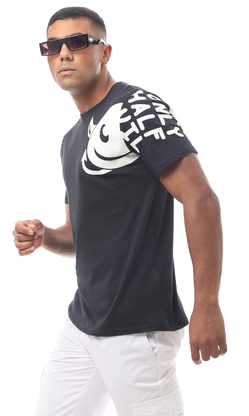 O170312 Black Rounded Neck Printed Tee