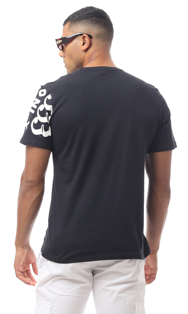 O170312 Black Rounded Neck Printed Tee