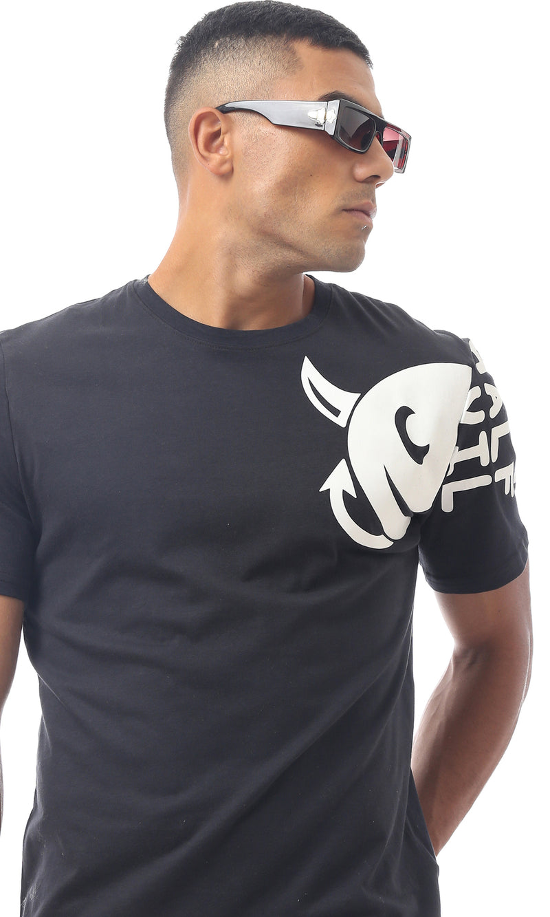 O170312 Black Rounded Neck Printed Tee