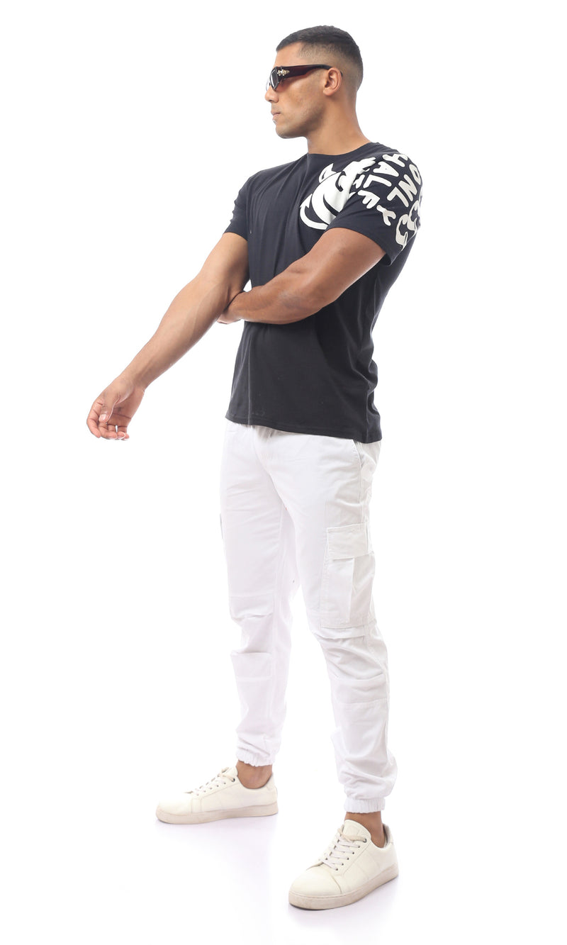 O170312 Black Rounded Neck Printed Tee