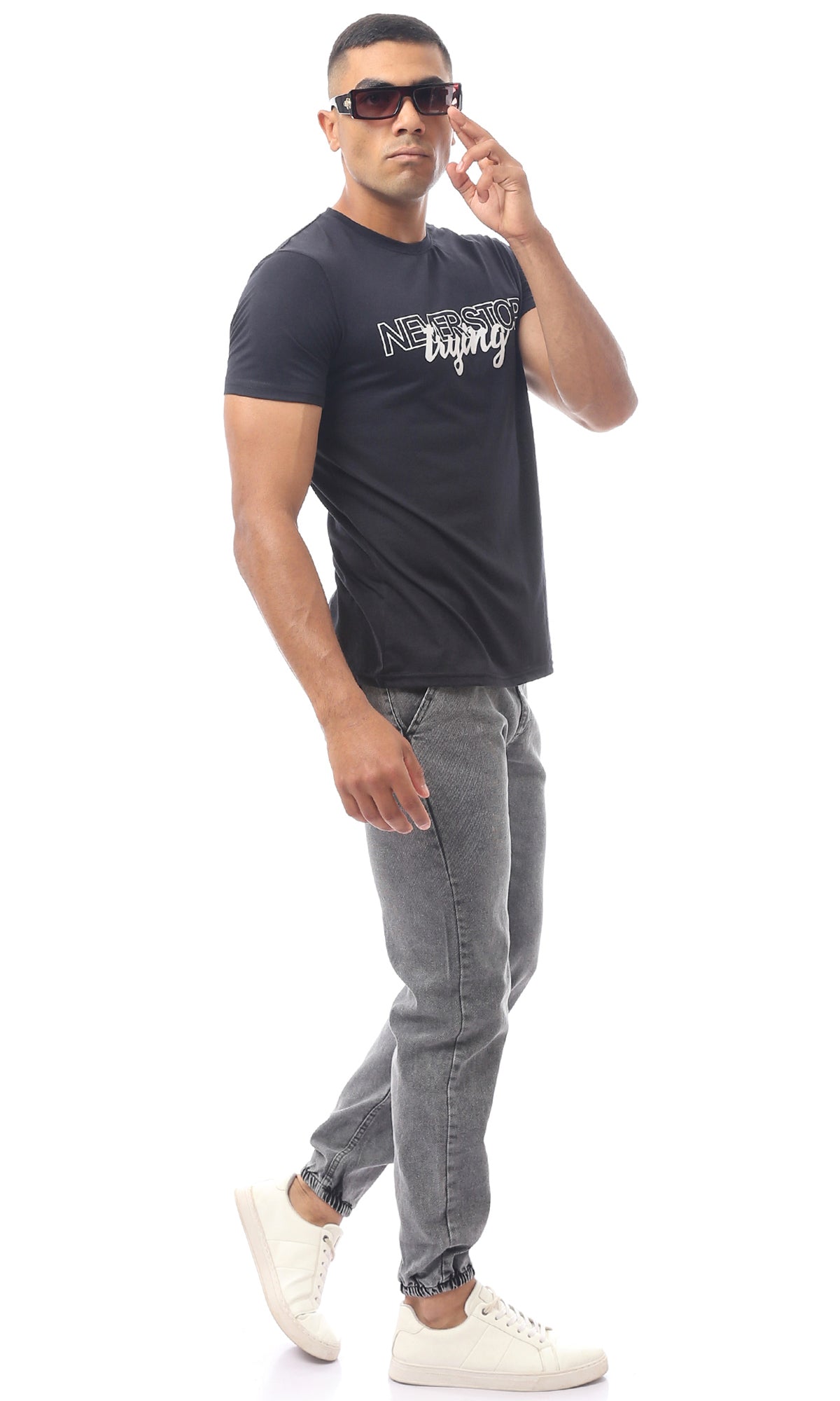 O170454 Printed Black Slip On Rounded Neck Tee